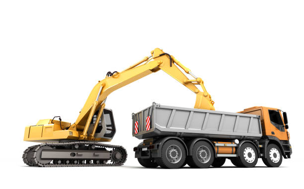 istock Composition of hydraulic Excavator loading dump truck. 3d illustration. Side view. Isolated on white 898428192