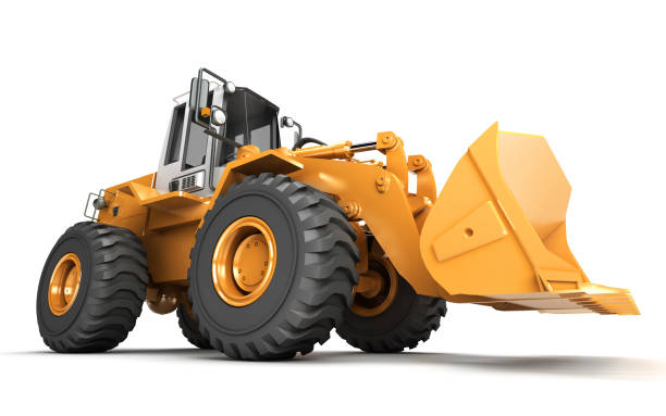 istock Powerfull concept. Giant yellow hydraulic loader isolated on white. Left to right direction. 3D illustration. wide angle. Side view 898428260