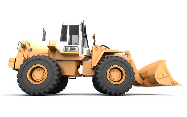 istock Yellow hydraulic loader moving left to right isolated on white background. 3D illustration. wide angle. Side view 898428296