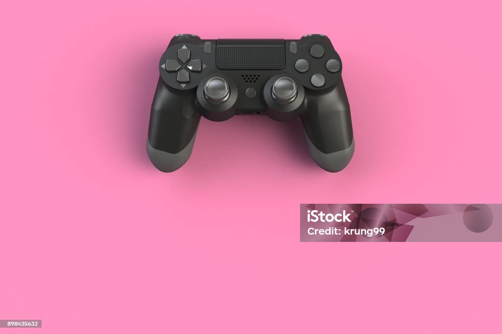 Computer game competition. Gaming concept. Black joystick isolated on pink background, 3D rendering Gamepad Stock Photo