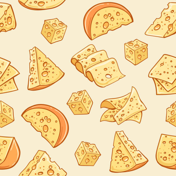 Cheese doodle pattern Cheese doodle pattern. Vector supermarket delicatessen eating snack background with pieces of cheese gorgonzola stock illustrations