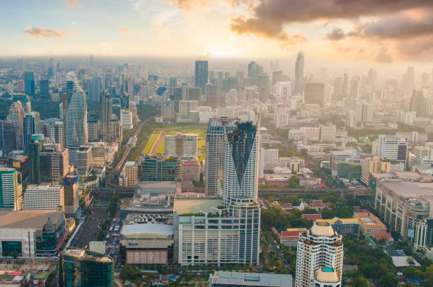istock Panoramic view Cityscape business district from aerial view high building at dusk (Bangkok, Thailand) 898445192