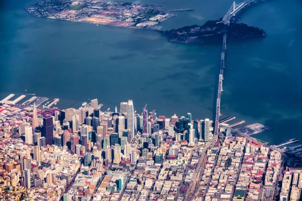 Aerial view of San Francisco and Bay Bridge stock photo