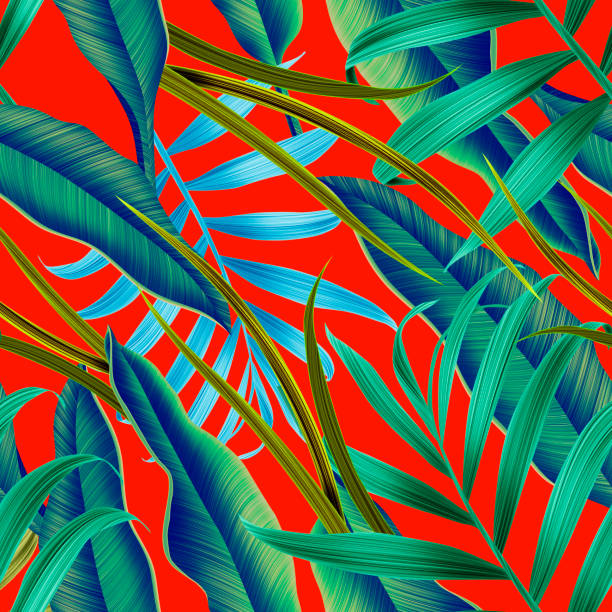 tropischen palmblätter. nahtlose stilvolle mode blumenmuster im hawaiianischen stil. - seamless bamboo backgrounds textured stock-grafiken, -clipart, -cartoons und -symbole
