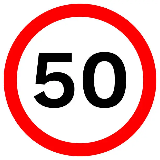 Vector illustration of SPEED LIMIT 50 sign in red circle. Vector icon