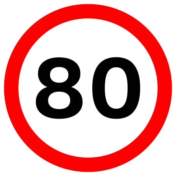 Vector illustration of SPEED LIMIT 80 sign in red circle. Vector icon