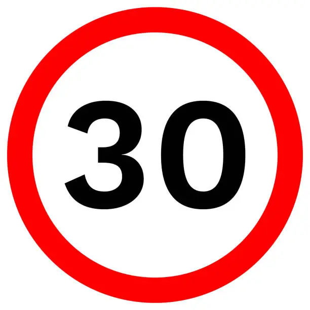 Vector illustration of SPEED LIMIT 30 sign in red circle. Vector icon