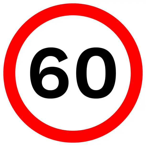 Vector illustration of SPEED LIMIT 60 sign in red circle. Vector icon