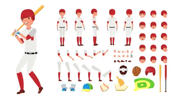 Vector illustration of Baseball Player Vector. Animated Character Creation Set. American Base Ball Tools And Equipment. Full Length, Front, Side, Back View, Accessories, Poses, Face Emotions, Gestures. Isolated Flat Cartoon Illustration