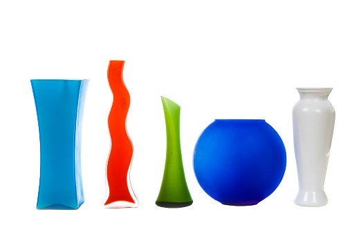 Five multi-colored vases  isolated on white background. Home decor.