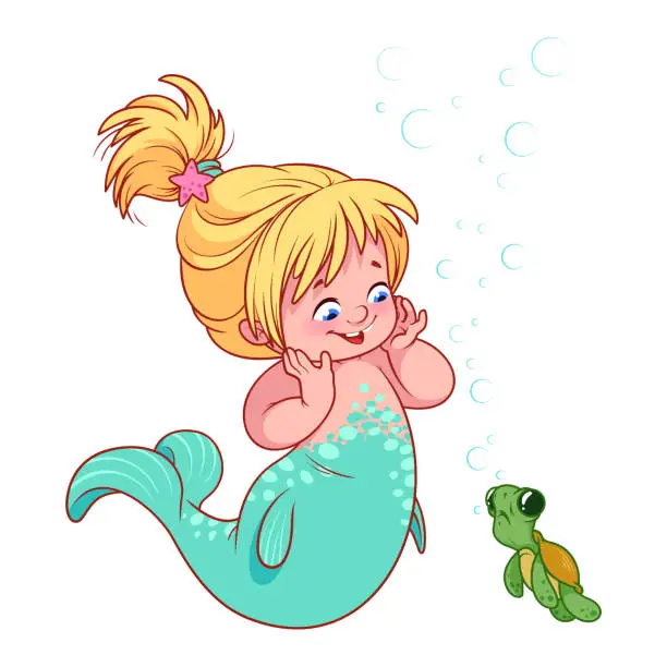Vector illustration of Cute little mermaid with funny turtle.
