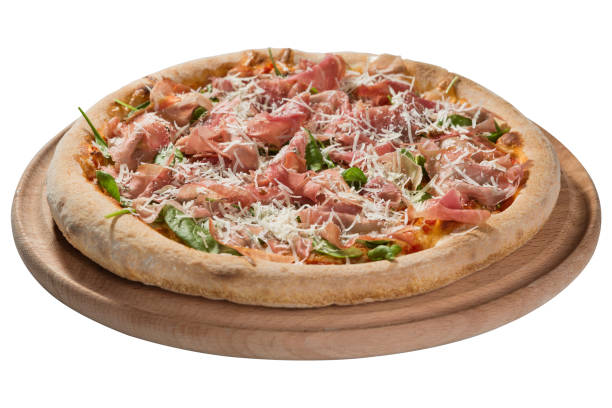 istock Italian pizza prosciutto on a round wooden board on a white background, side view 898455678