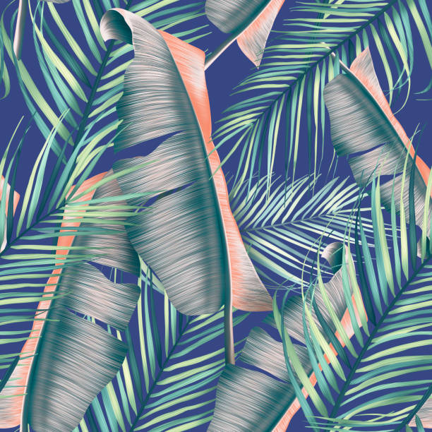 tropischen palmblätter. nahtlose stilvolle mode blumenmuster im hawaiianischen stil. - seamless bamboo backgrounds textured stock-grafiken, -clipart, -cartoons und -symbole