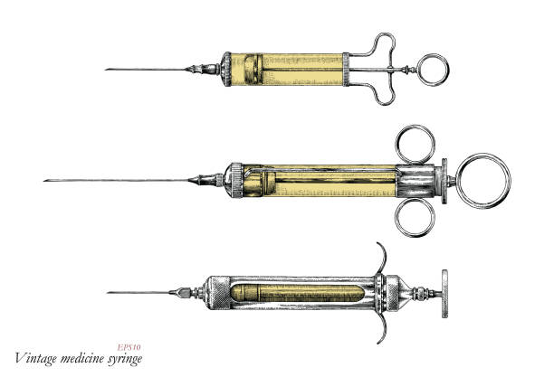 illustrazioni stock, clip art, cartoni animati e icone di tendenza di disegno a mano siringa medicina vintage, siringa di medicina antica - antico vecchio stile