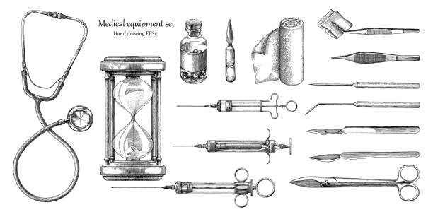 Medical equipment set hand drawing vintage style Medical equipment set hand drawing vintage style forceps stock illustrations