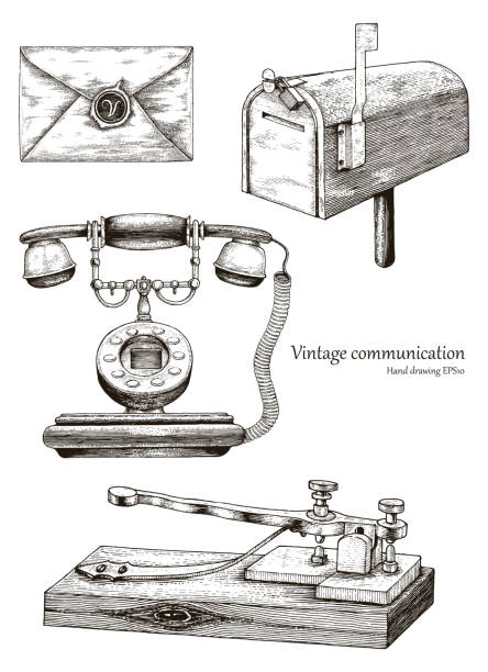 retro-kommunikation ausrüstung handzeichnung vintage-stil - telegraf stock-grafiken, -clipart, -cartoons und -symbole