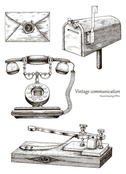 레트로 통신 장비 손 빈티지 스타일 그리기 - telegraph machine stock illustrations