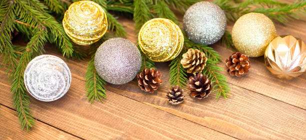 istock Christmas decorations, rustic style, wood and golden color, banner. 898457922