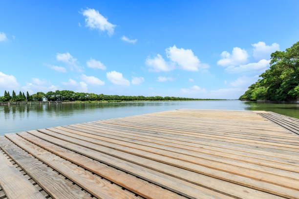 istock wooden board observation deck and lake landscape 898470018