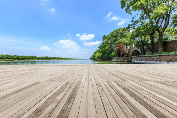 istock wooden board observation deck and lake landscape 898470458