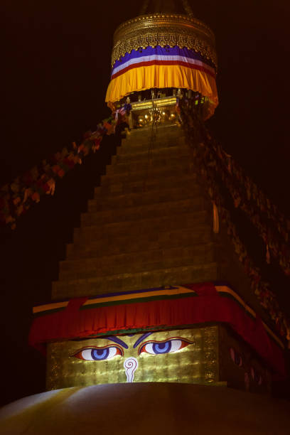 Buddha's eyes depicted on a buddhist stupa Boudnath in night illumination. In a Kathmandu, capital of the Nepal.