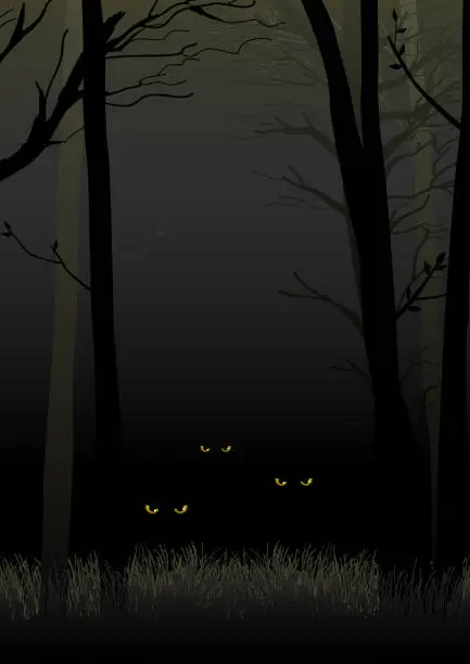 Vector illustration of Scary eyes staring and lurking from dark woods