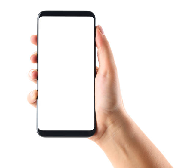 Hand holding blank screen smart phone on white background