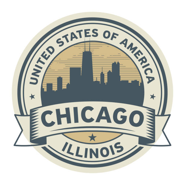 Stamp or label with name of Illinois, Chicago Stamp or label with name of Illinois, Chicago, vector illustration chicago stock illustrations