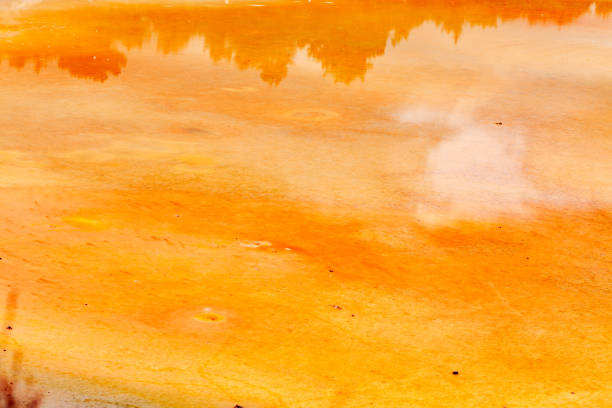 Close up of the colorful champagne pool at rotorua wai-o-tapu geothermal park wonder landscape. Geysers and hot springs are natural features resulting when ground water is heated by geothermal forces and brought to the surface. They provide a spectacular sight of boiling water eruptions at the Wai-O-Tapu park witch is a geothermal area within Rotorua city in the Taupo Volcanic Zone of New Zealand.