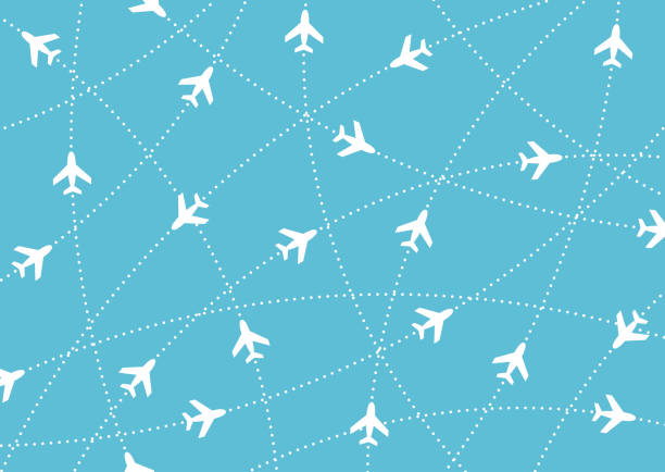 Airplane routes. Air travel. Air traffic silhouette. White airplanes isolated on blue background. Airplane routes. Air travel. Air traffic silhouette. White airplanes isolated on blue background. Web site page and mobile app design element. airplane patterns stock illustrations