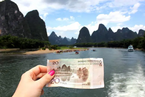Photo of Li River scenery in Guilin, Yangshuo on RMB 20 yuan bank note