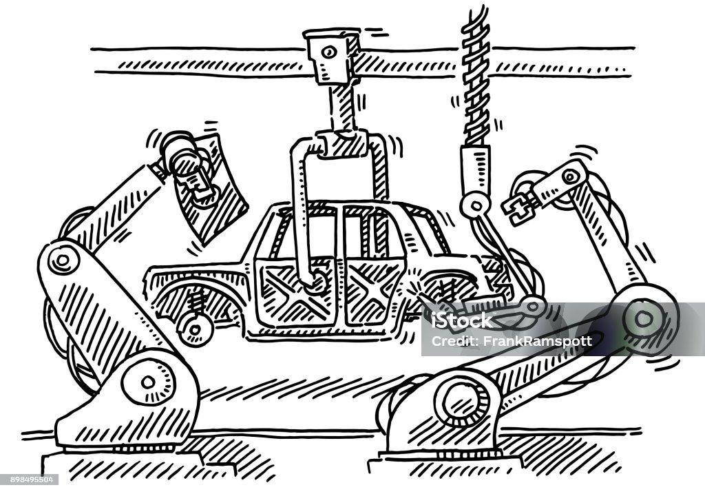 Assembly Line Robots Car Production Drawing Hand-drawn vector drawing of an Assembly Line with Industrial Robots for Car Production. Black-and-White sketch on a transparent background (.eps-file). Included files are EPS (v10) and Hi-Res JPG. Car stock vector