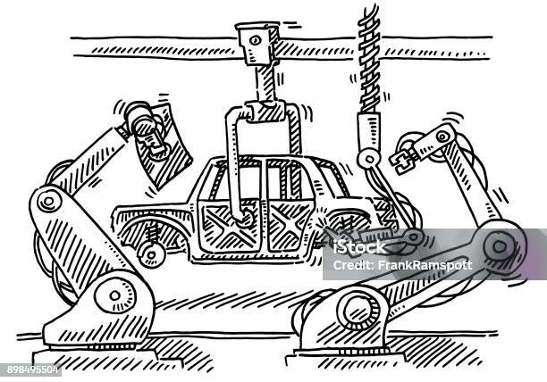Assembly Line Robots Car Production Drawing Stock Illustration - Download Image Now - Car, Robotic Arm, Car Bodywork