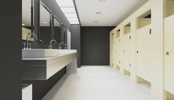 istock Clean public toilet room empty with wooden partition. 3D rendering. 898495948