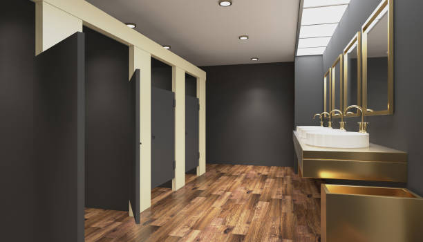 istock Clean public toilet room empty with wooden partition. 3D rendering. 898495954