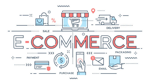 전자-상거래, 온라인 쇼핑, 소매, 판매, 배달 서비스 선 개념. - laptop retail e commerce store stock illustrations