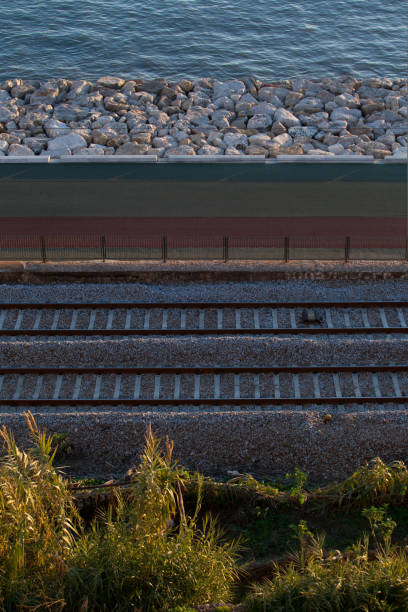 Directly above view of empty railroad tracks