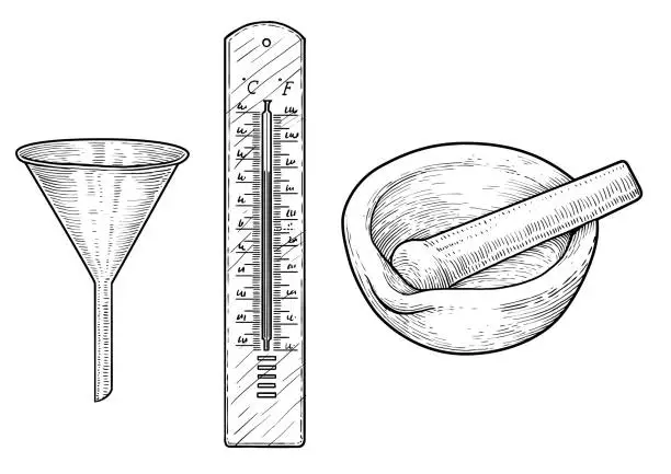 Vector illustration of Funnel, thermometer and mortar illustration, drawing, engraving, ink, line   art, vector