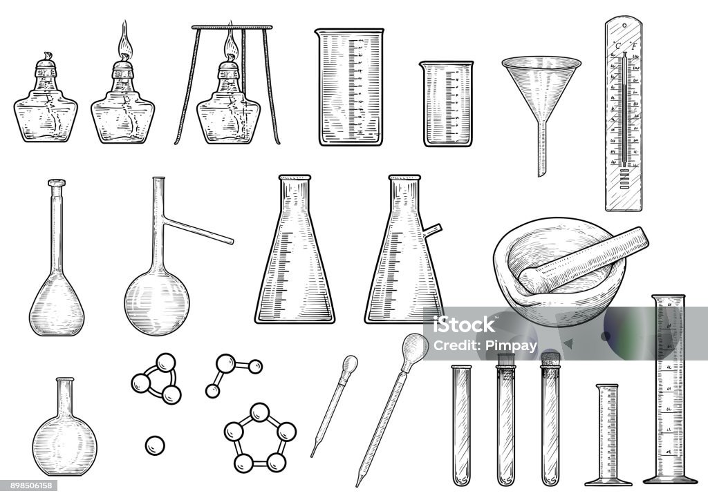 Chemistry or physics equipments collection illustration, drawing, engraving,   ink, line art, vector Illustration, what made by ink, then it was digitalized. Engraving stock vector