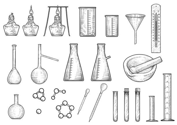 Chemistry or physics equipments collection illustration, drawing, engraving, ink, line art, vector Illustration, what made by ink, then it was digitalized. flask funnel stock illustrations