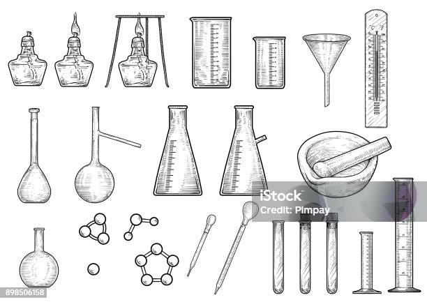 Chemistry Or Physics Equipments Collection Illustration Drawing Engraving Ink Line Art Vector Stock Illustration - Download Image Now