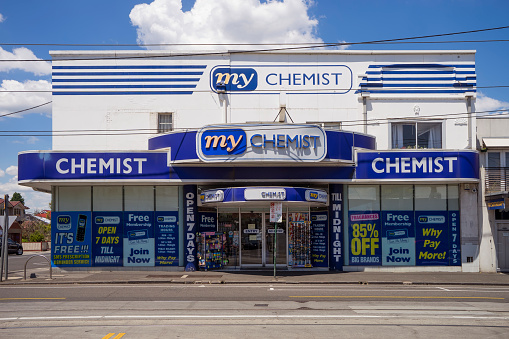 Melbourne, Australia - January 4, 2017: A My Chemist store on Sydney Road, Coburg. My Chemist is a chain of independent pharmacies located around Australia.