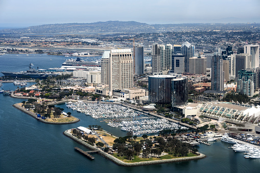 Helicopter point of view of Embarcadero Marina Park in San Diego, USA.