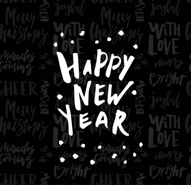 Greeting card with calligraphy Happy New Year. Template for Congratulations, Housewarming posters, Invitations, Photo overlays Greeting card with calligraphy Happy New Year. Template for Congratulations, Housewarming posters, Invitations, Photo overlays. Vector illustration black and white photo christmas cards stock illustrations