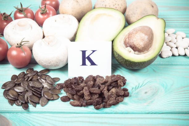 Natural products rich in potassium (K) . Healthy food concept. stock photo