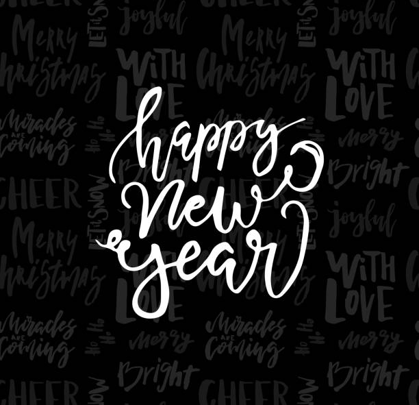 Greeting card with calligraphy Happy New Year. Template for Congratulations, Housewarming posters, Invitations, Photo overlays Greeting card with calligraphy Happy New Year. Template for Congratulations, Housewarming posters, Invitations, Photo overlays. Vector illustration black and white photo christmas cards stock illustrations