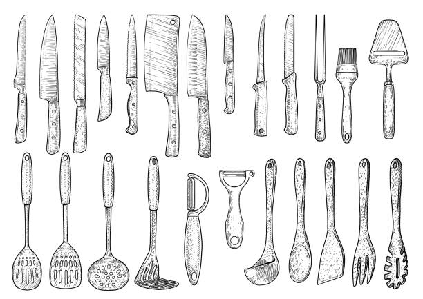 иллюстрация посуды, рисунок, гравюра, чернила, линейный арт, вектор - table knife illustrations stock illustrations