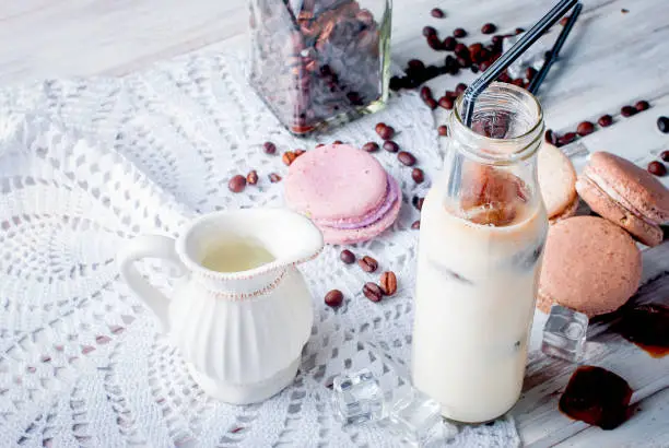 Photo of Iced coffee in glass with ice, chocolate