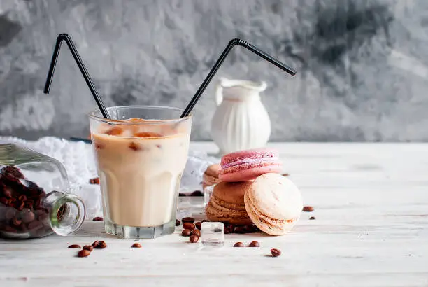 Photo of Iced coffee in glass with ice, chocolate