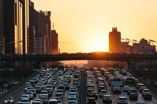 City Traffic Jam at sunset, Beijing, China